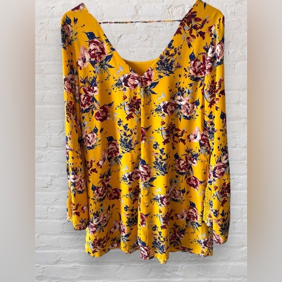 Speechless Mustard Yellow Floral Long Lace Bell Sleeve A-Line Shift Dress Size L - Picture 3 of 8